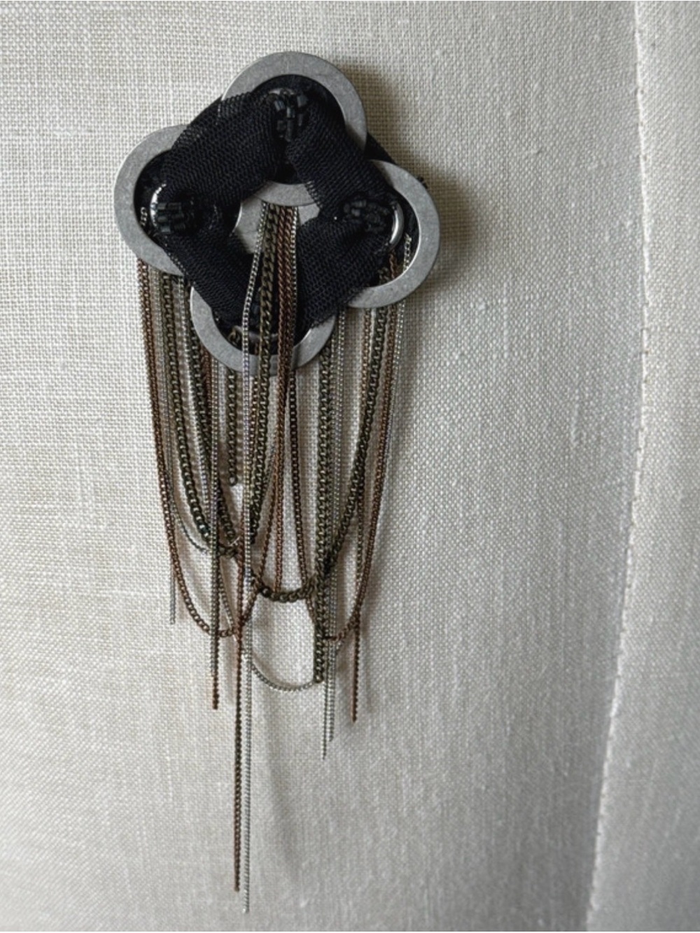 Catherine Malandrino Black Fabric with Gunmetal Chain Fringe Brooch
